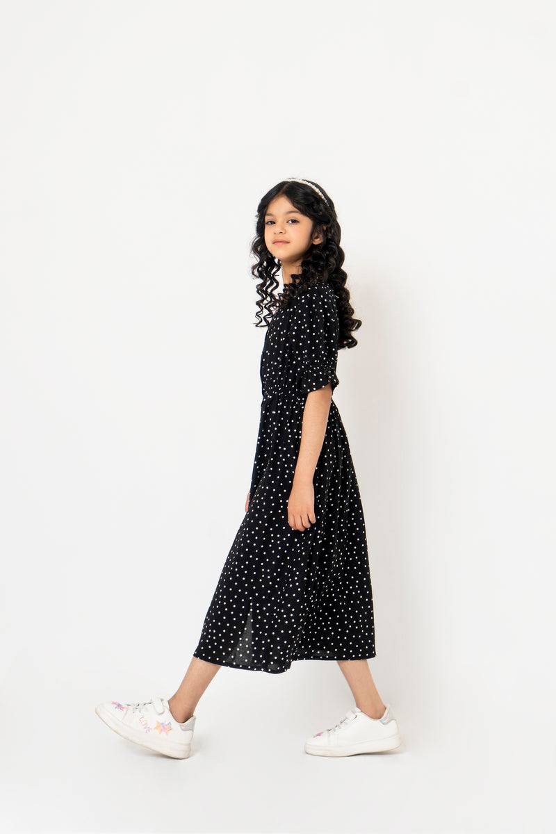 Girls Front Button Maxi Dress - Black White Dotted