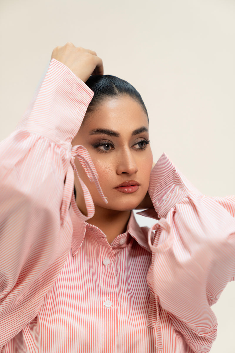 Oversized Tie Cuff Shirt - Red White Striped