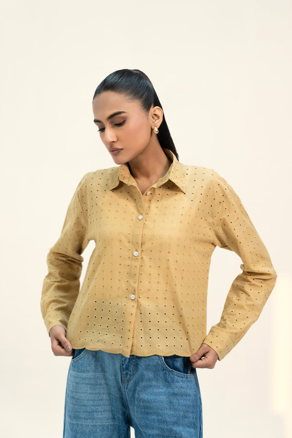 Cropped Broderie Anglaise Shirt - Khaki