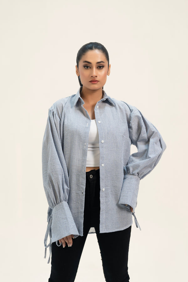 Oversized Tie Cuff Shirt - Blue White Striped