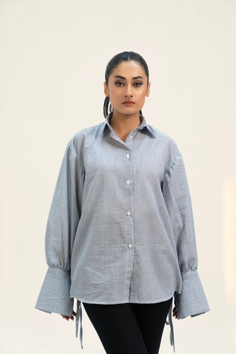 Oversized Tie Cuff Shirt - Blue White Striped