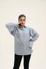 Oversized Tie Cuff Shirt - Blue White Striped