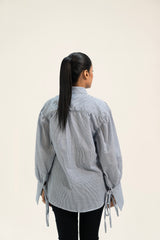 Oversized Tie Cuff Shirt - Blue White Striped