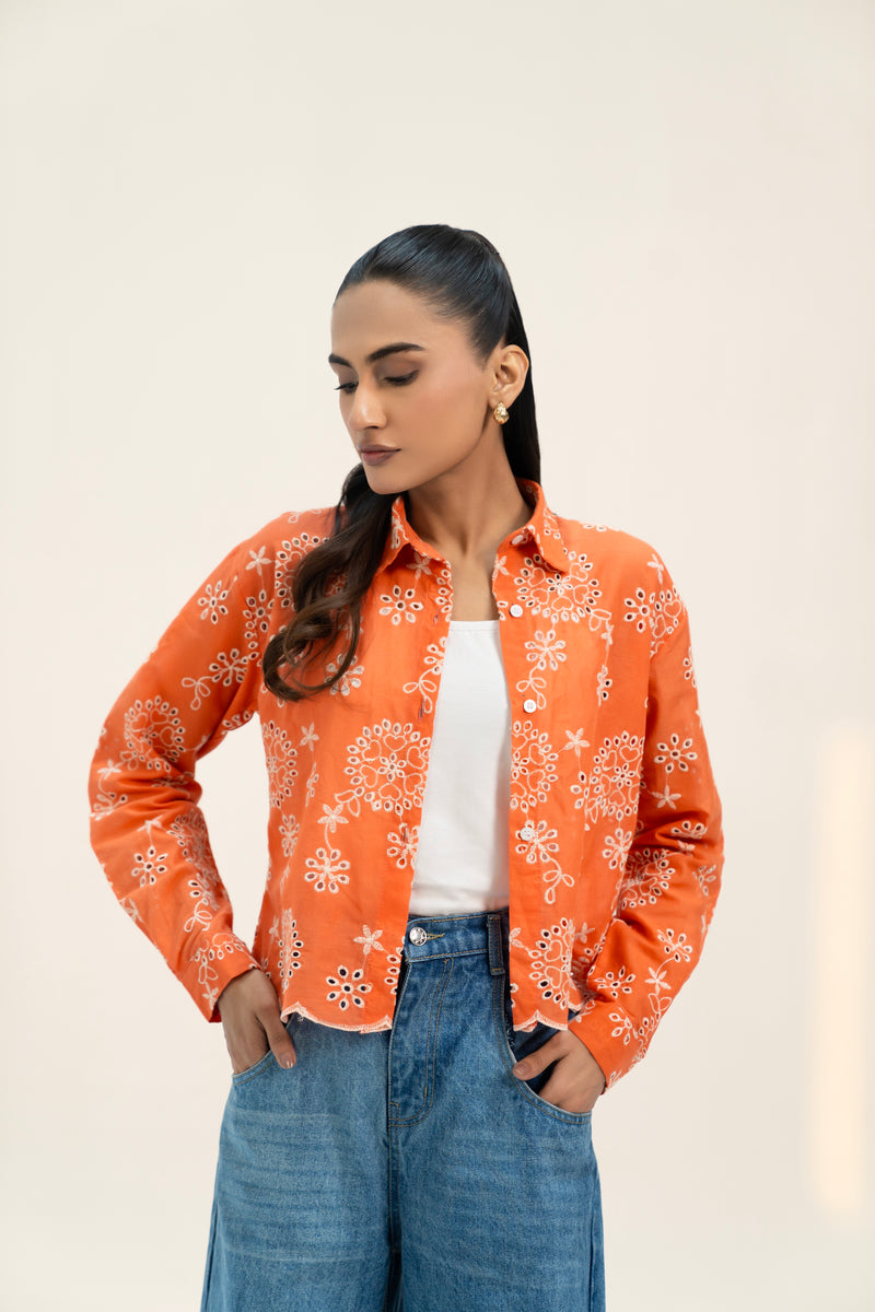 Cropped Broderie Anglaise Shirt - Coral