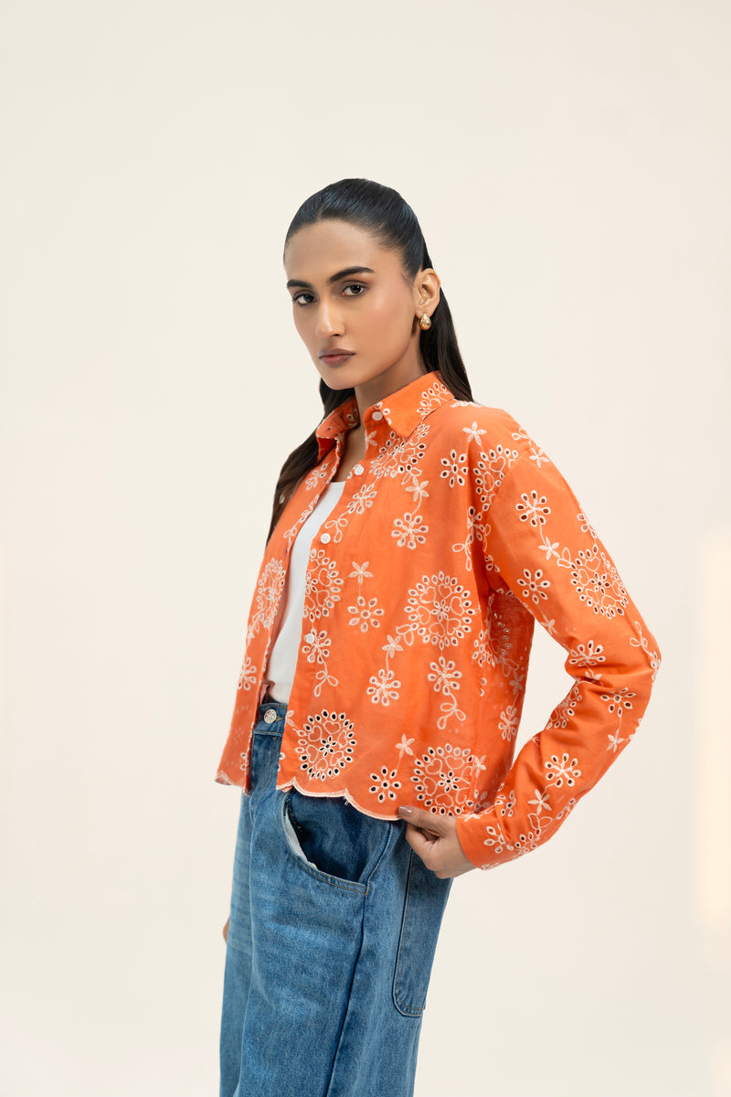 Cropped Broderie Anglaise Shirt - Coral