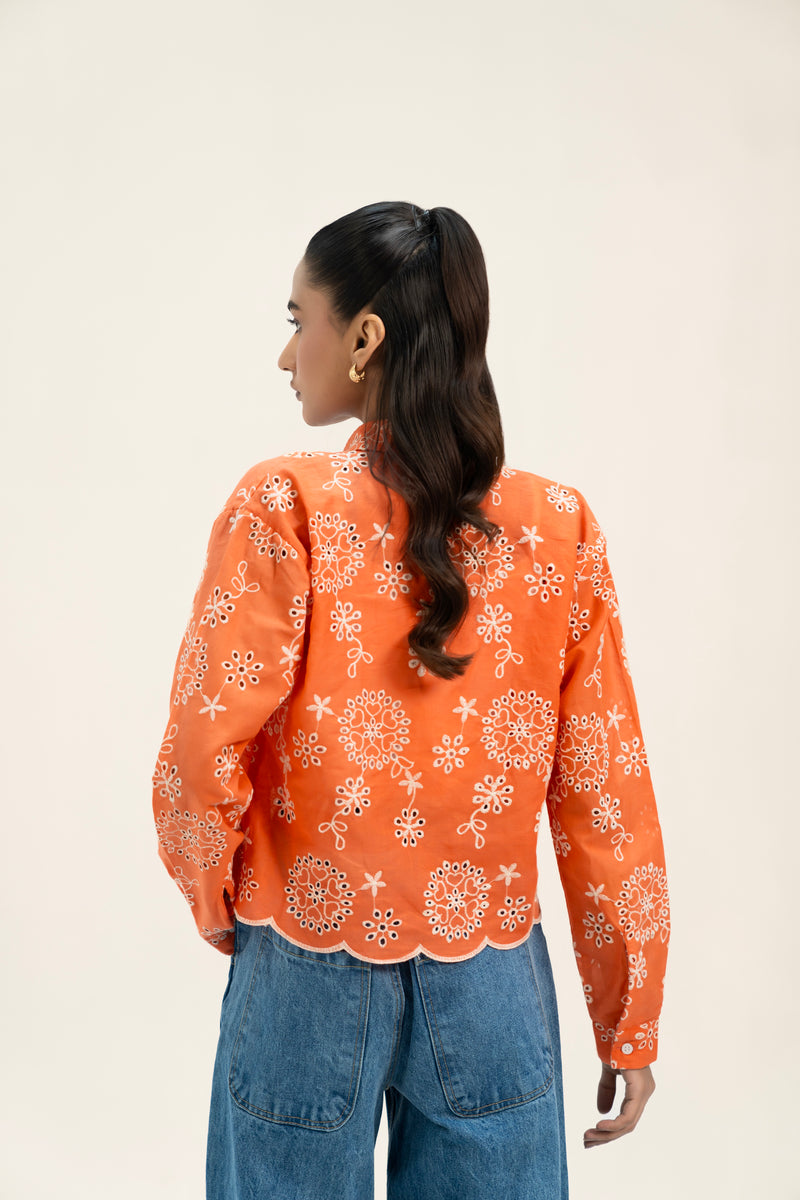 Cropped Broderie Anglaise Shirt - Coral