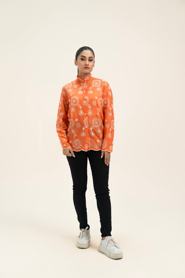 Broderie Anglaise Long Shirt - Coral