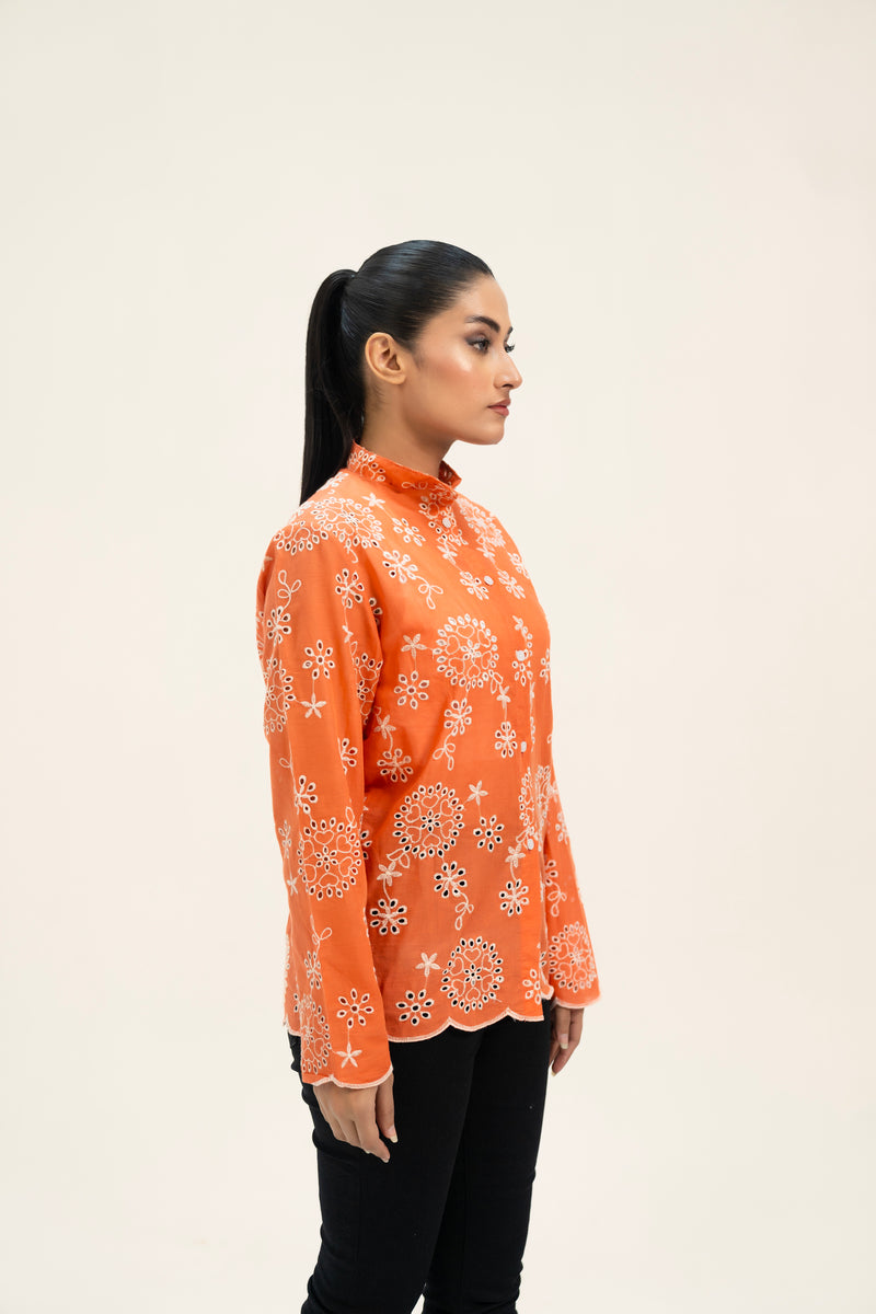 Broderie Anglaise Long Shirt - Coral