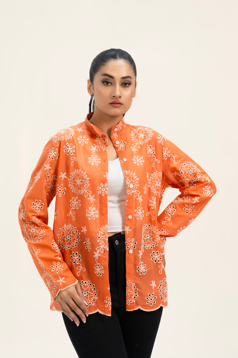 Broderie Anglaise Long Shirt - Coral