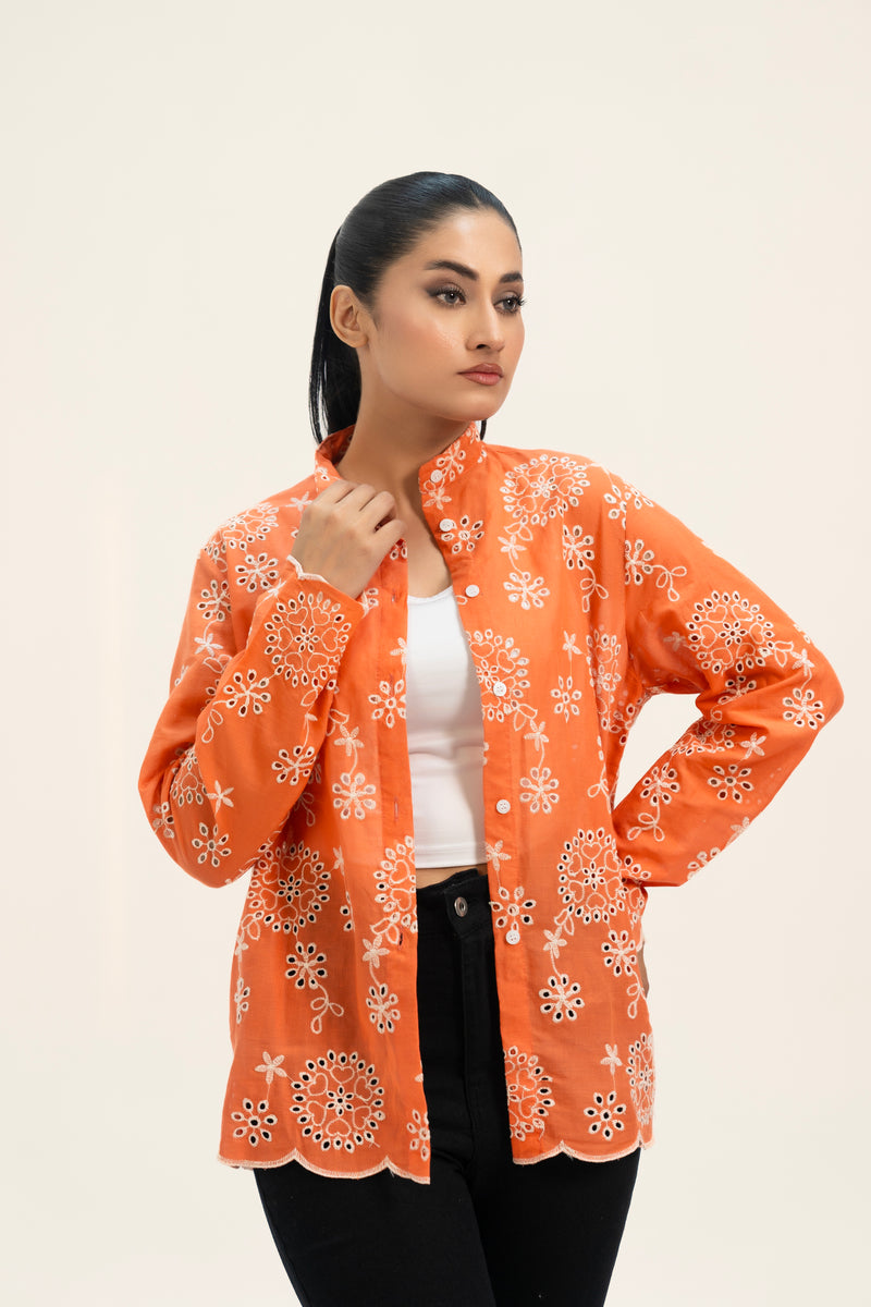 Broderie Anglaise Long Shirt - Coral