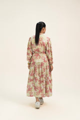 Front Button Belted Dress - Pink Floral Over Light Green