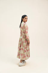 Front Button Belted Dress - Pink Floral Over Light Green