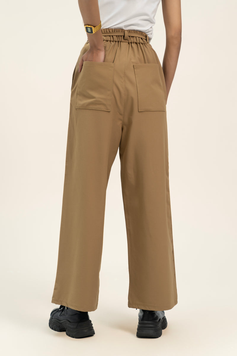 Tie Waist High Rise Pant - Camel Brown