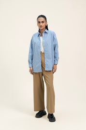 Oversized Shirt with Pleat at Back - Blue White Banker Striped