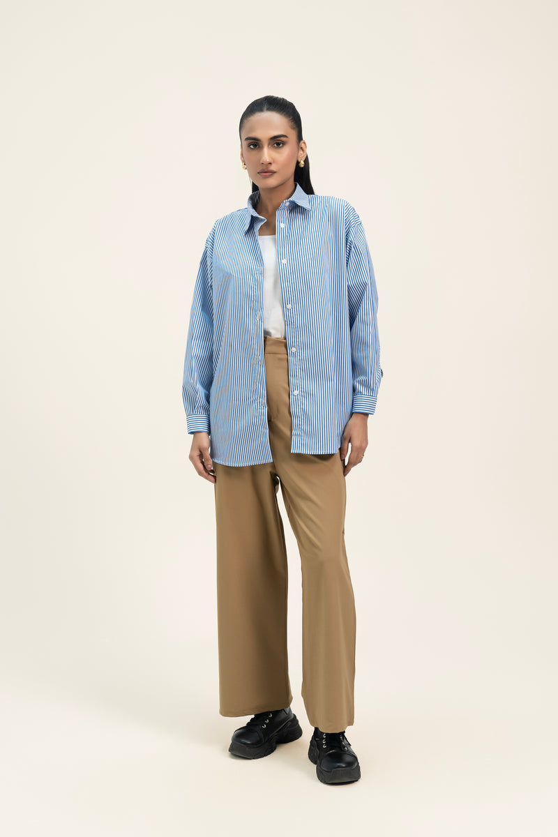 Oversized Shirt with Pleat at Back - Blue White Banker Striped