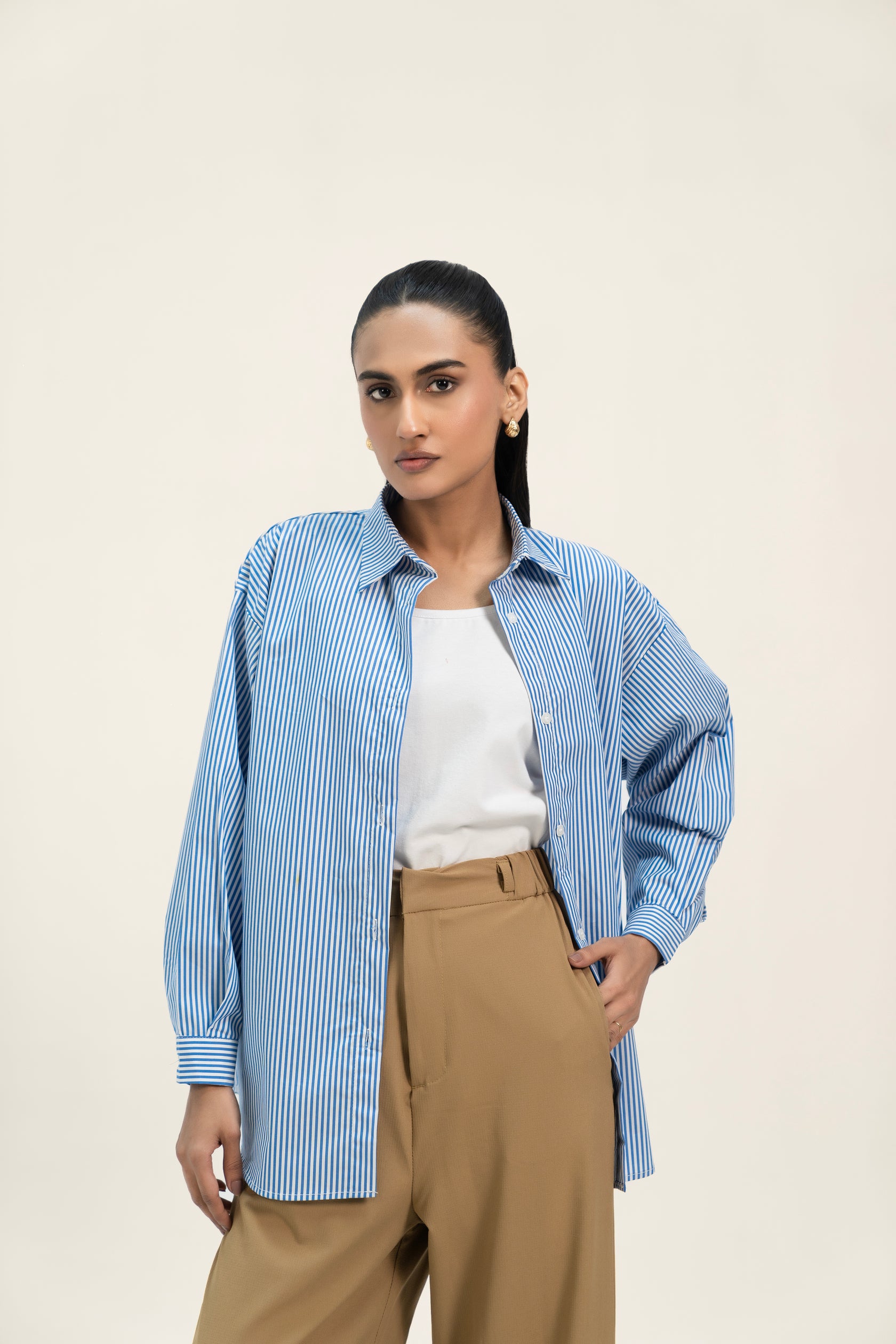 Oversized Shirt with Pleat at Back - Blue White Banker Striped