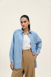 Oversized Shirt with Pleat at Back - Blue White Banker Striped