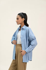 Oversized Shirt with Pleat at Back - Blue White Banker Striped