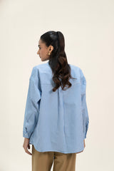 Oversized Shirt with Pleat at Back - Blue White Banker Striped