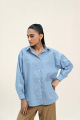 Oversized Shirt with Pleat at Back - Blue White Banker Striped