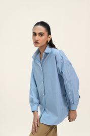 Oversized Shirt with Pleat at Back - Blue White Banker Striped