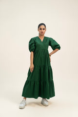 V Neck Puff Sleeve Tiered Dress - Green