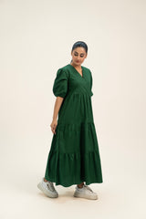 V Neck Puff Sleeve Tiered Dress - Green