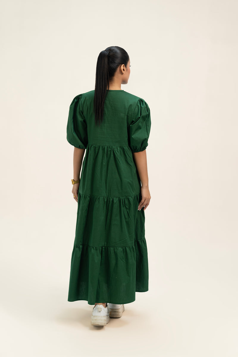 V Neck Puff Sleeve Tiered Dress - Green