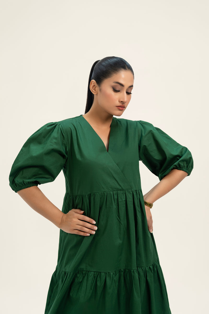 V Neck Puff Sleeve Tiered Dress - Green