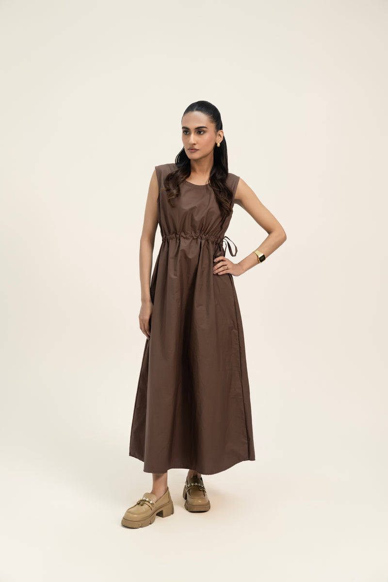 Round Neck Sleeveless Dress - Mocha Brown