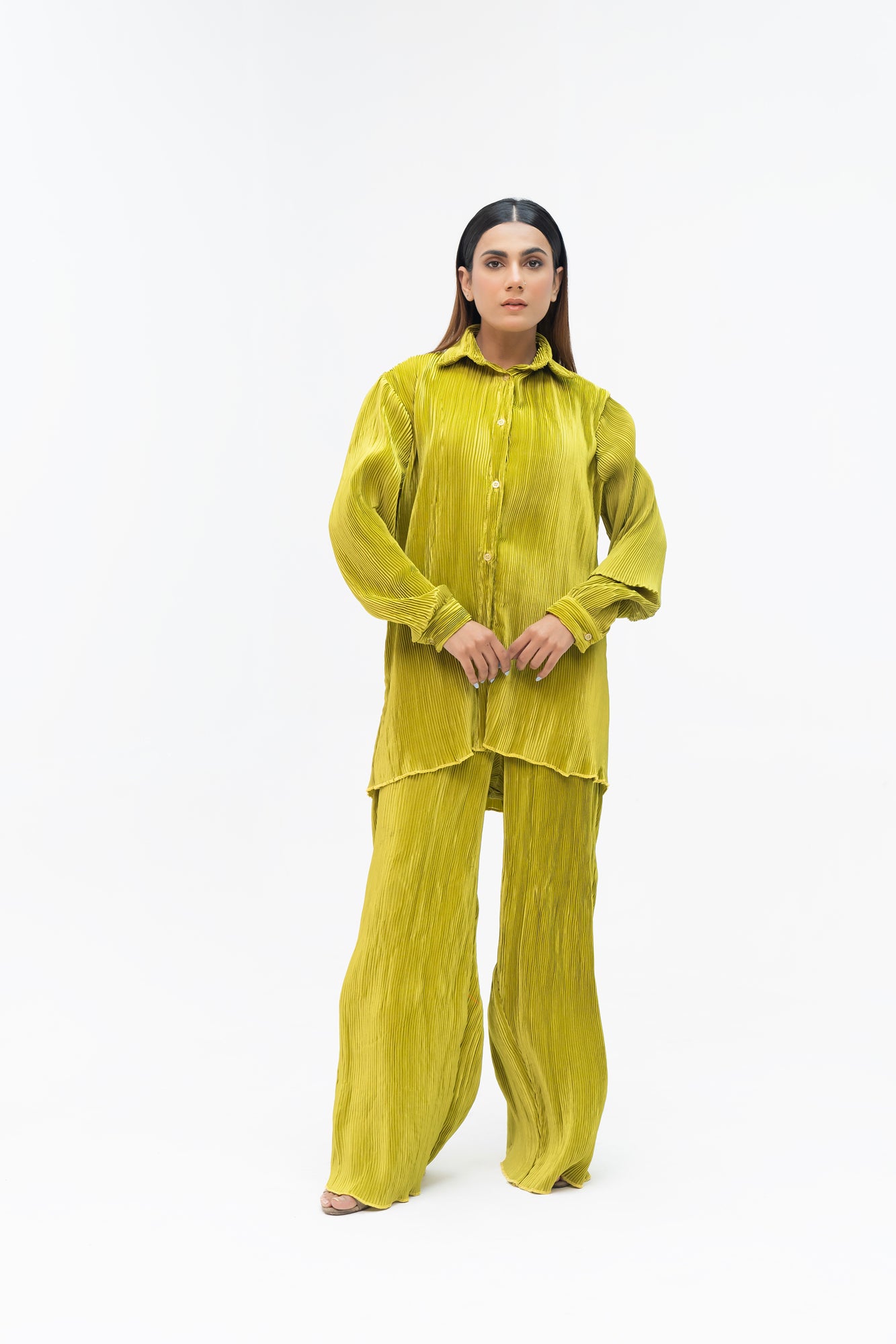 Pleated Fabric Long Sleeve Shirt - Lime Green