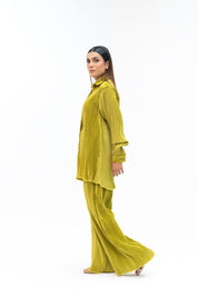 Pleated Fabric Long Sleeve Shirt - Lime Green