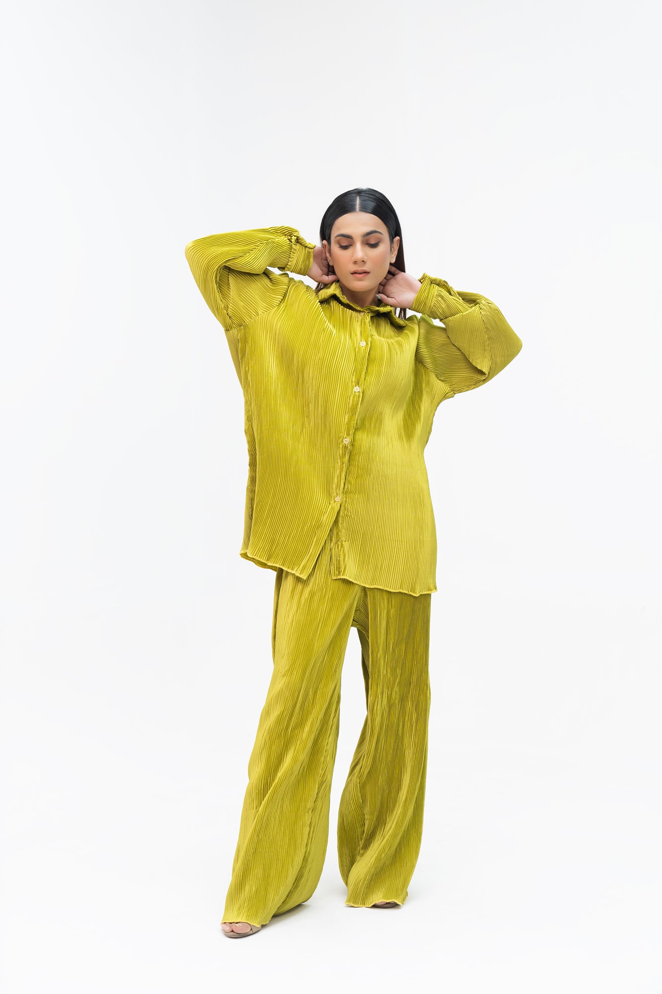 Pleated Fabric Long Sleeve Shirt - Lime Green