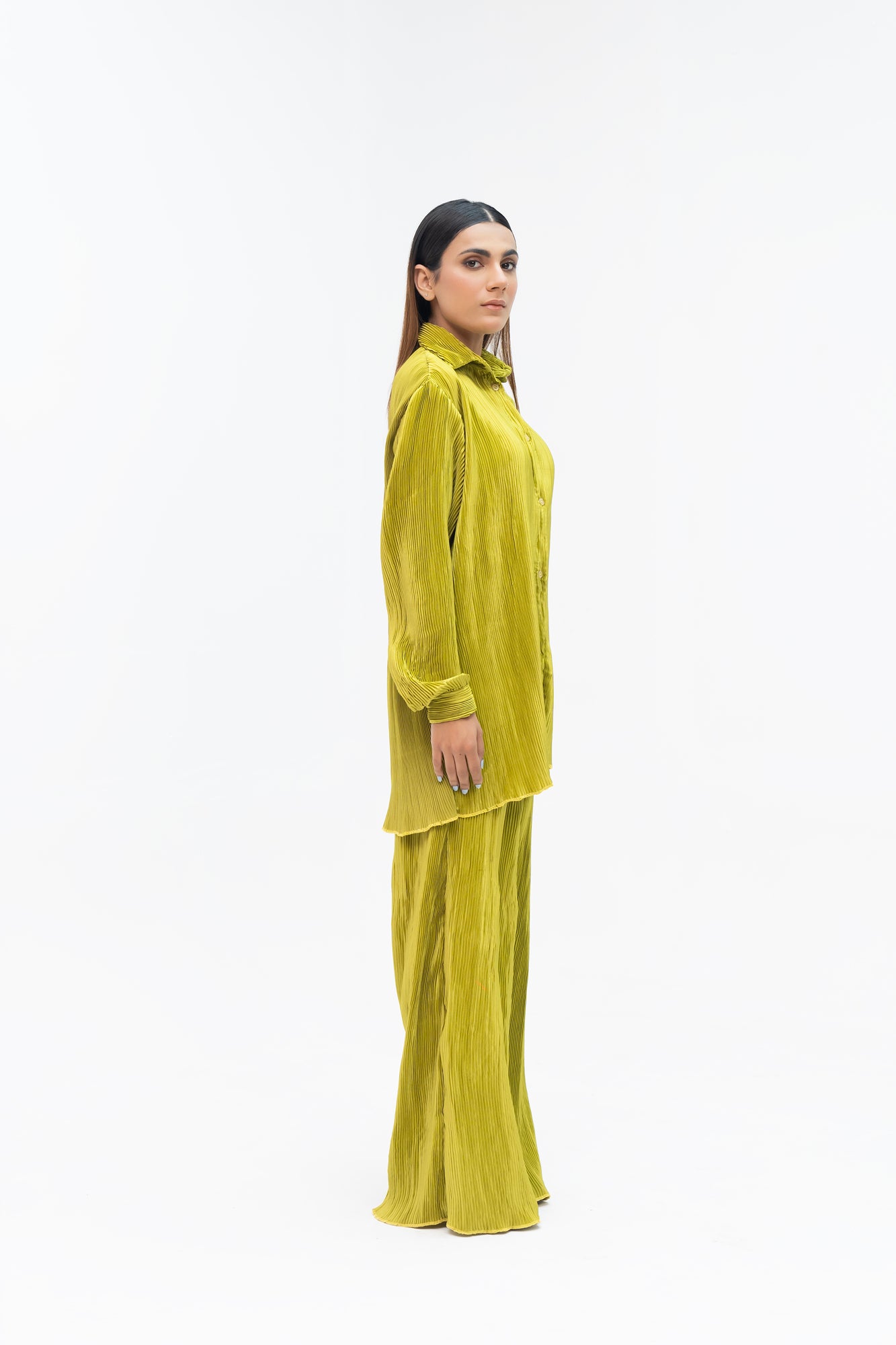 Pleated Fabric Long Sleeve Shirt - Lime Green