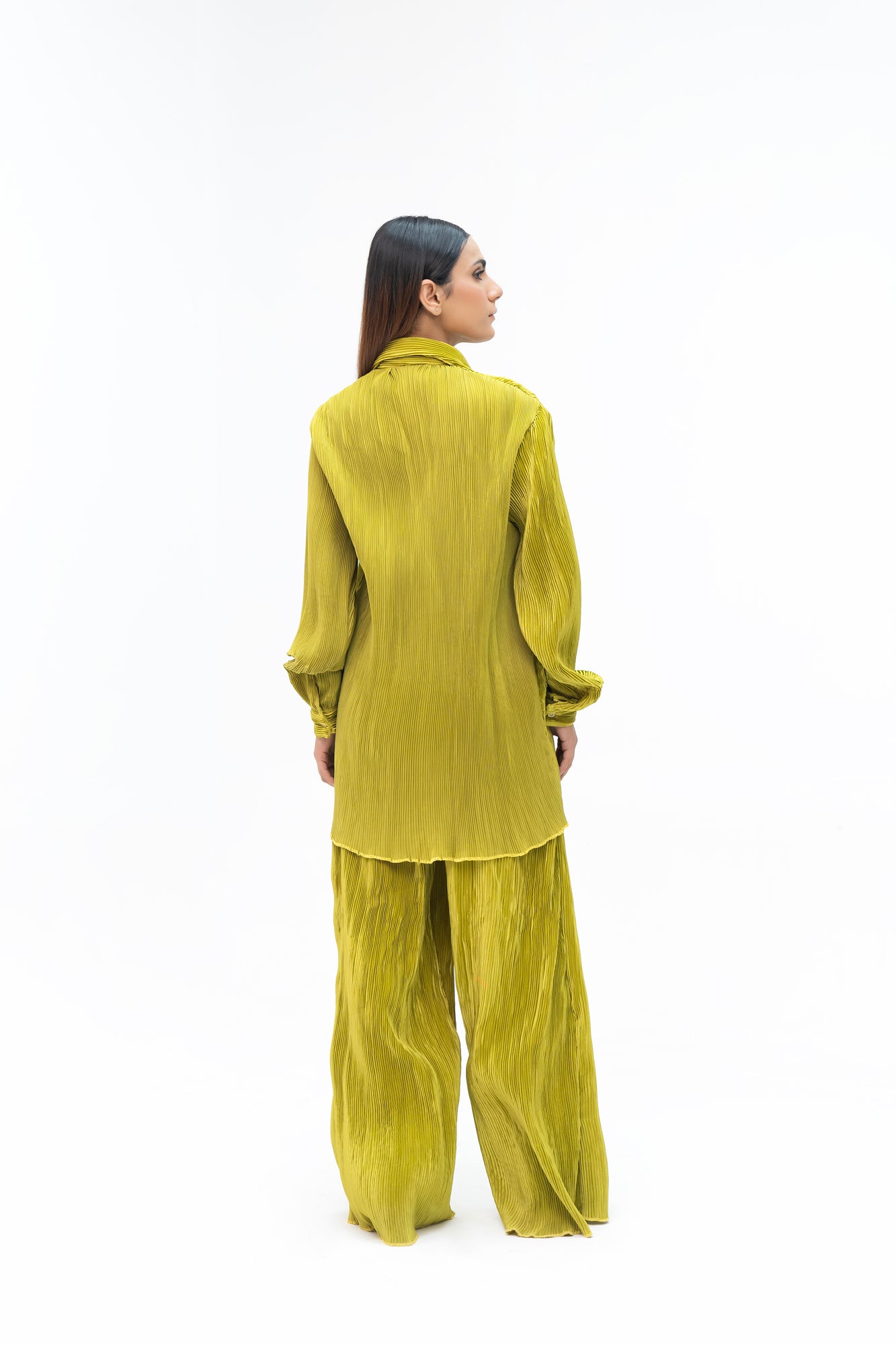 Pleated Fabric Long Sleeve Shirt - Lime Green