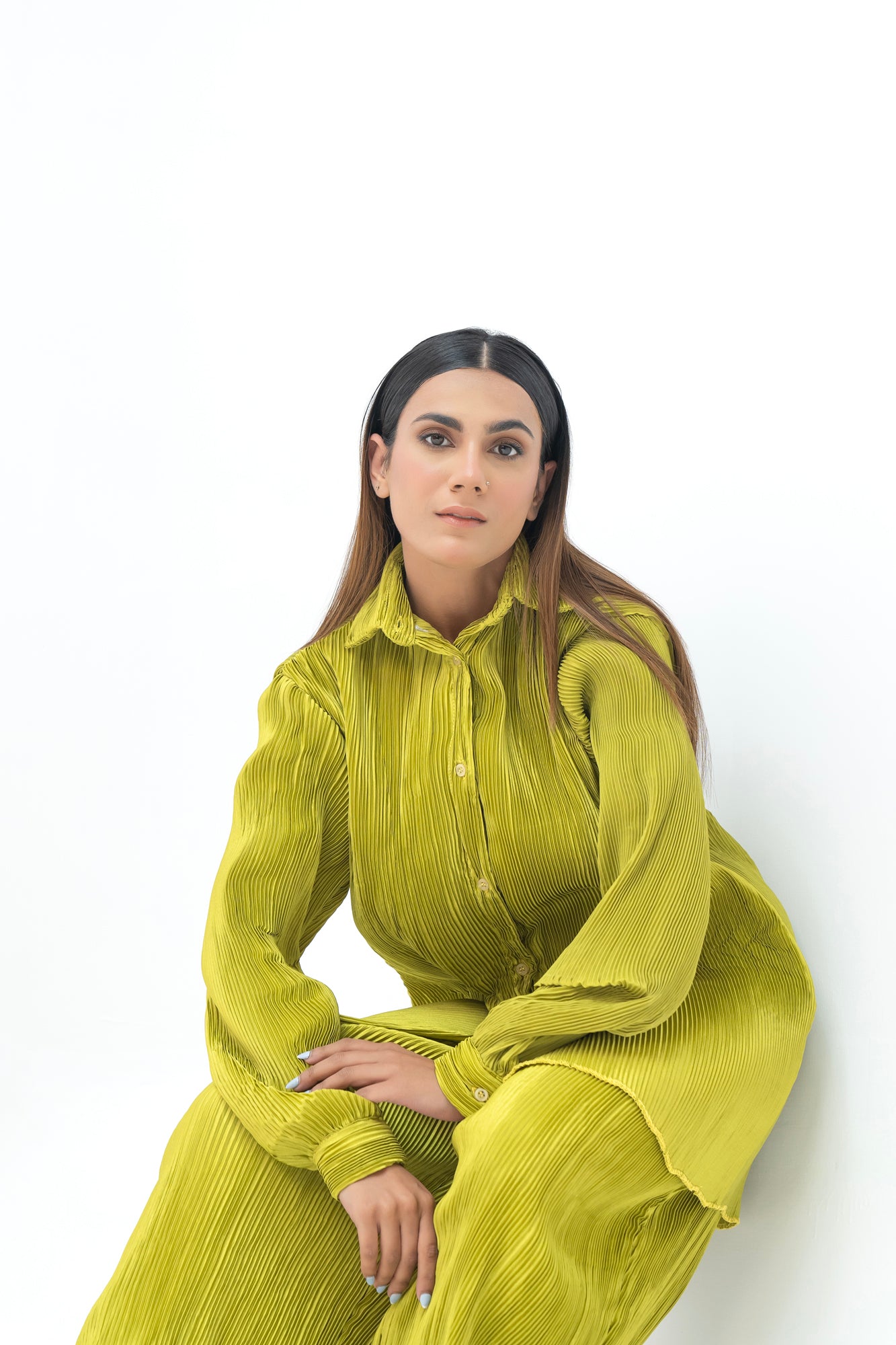 Pleated Fabric Long Sleeve Shirt - Lime Green