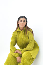 Pleated Fabric Long Sleeve Shirt - Lime Green