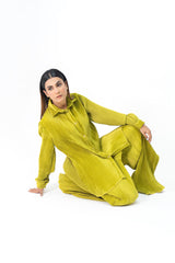 Pleated Fabric Long Sleeve Shirt - Lime Green
