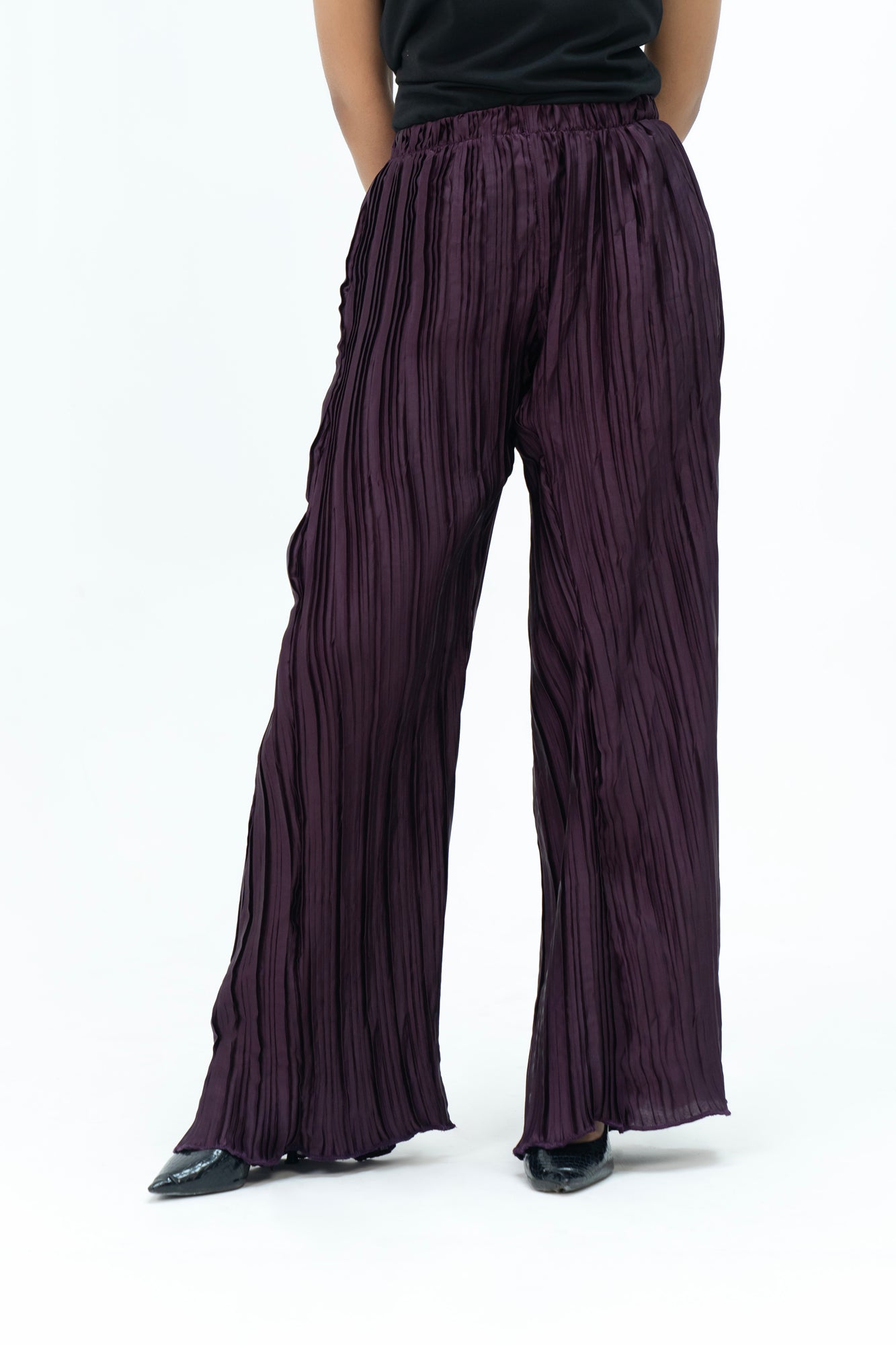 Pleated Fabric Wide Leg Bootcut Pant -  Plum