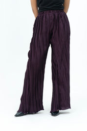 Pleated Fabric Wide Leg Bootcut Pant -  Plum
