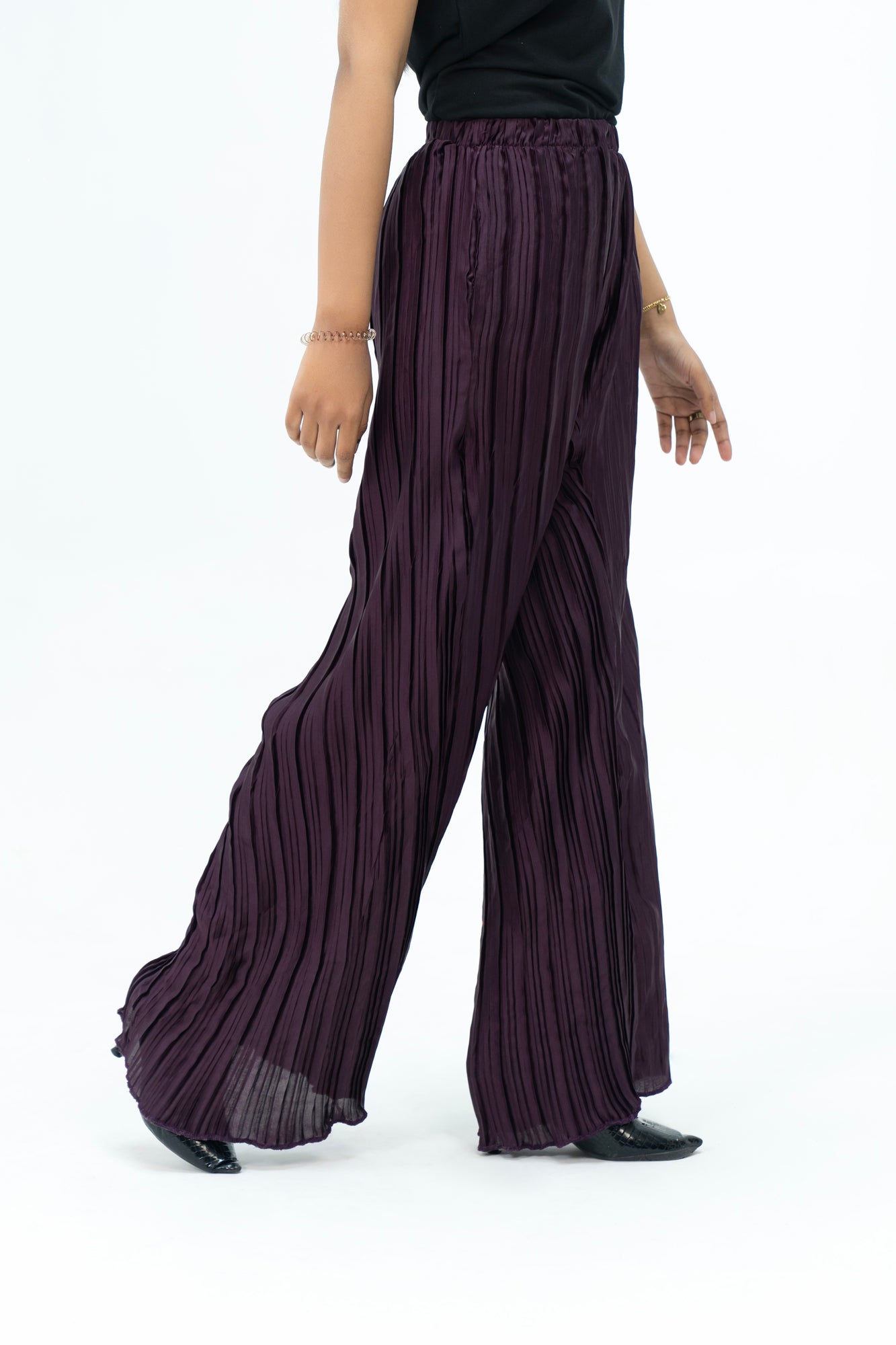 Pleated Fabric Wide Leg Bootcut Pant -  Plum