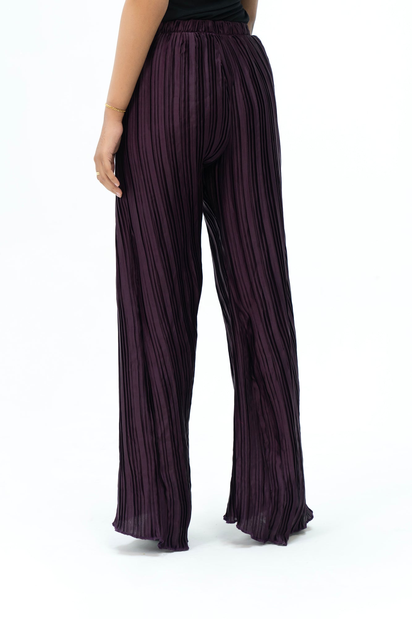 Pleated Fabric Wide Leg Bootcut Pant -  Plum