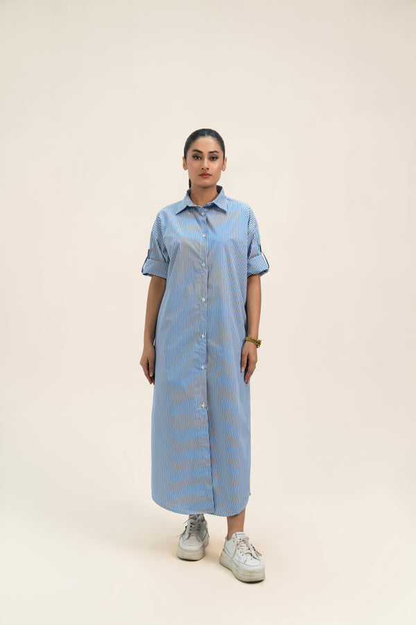 Loose Fit Shirt Dress - Blue White Banker Strip