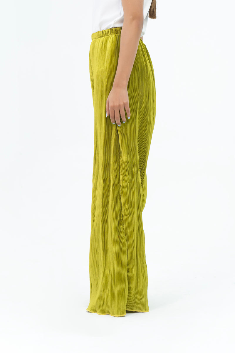High Waisted Pleated Fabric Pant - Lime Green