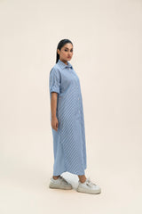 Loose Fit Shirt Dress - Blue White Banker Strip