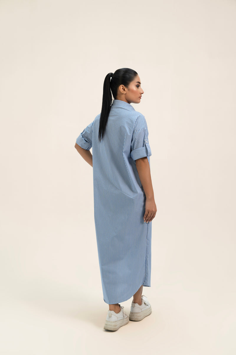 Loose Fit Shirt Dress - Blue White Banker Strip