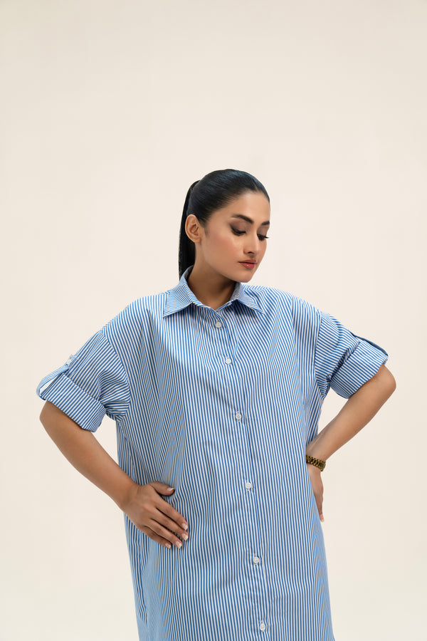 Loose Fit Shirt Dress - Blue White Banker Strip