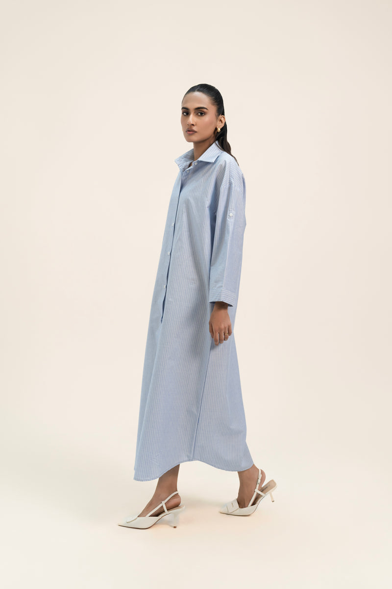 Oversized Shirt Dress - Sky Blue White Pinstripe