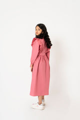 Girls Ruffle Trim Belted Dress - Tea Pink