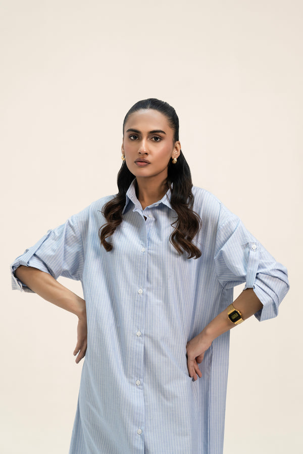 Oversized Shirt Dress - Sky Blue White Pinstripe